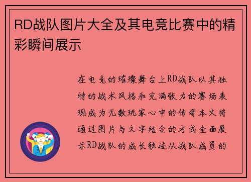 RD战队图片大全及其电竞比赛中的精彩瞬间展示