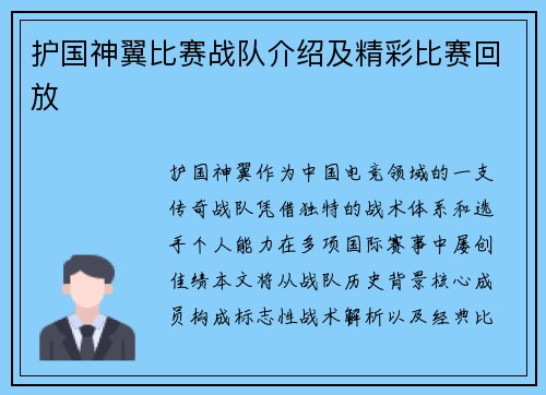 护国神翼比赛战队介绍及精彩比赛回放
